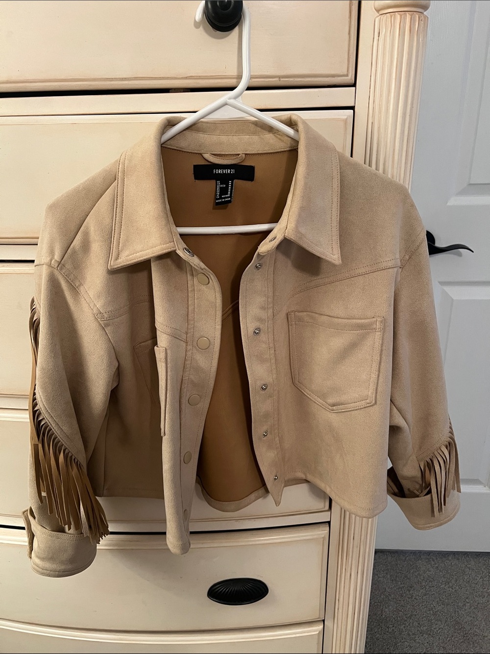 Forever 21 Beige Suede-Look Fringe Jean Jacket